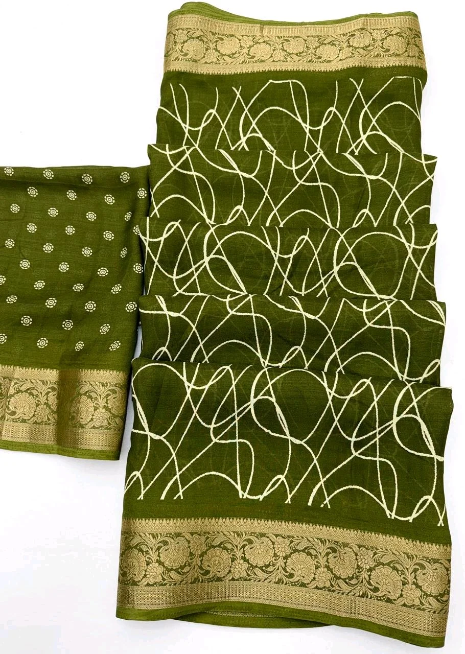 Marshmellow Print Saree with Abstract Print and Gold Zari Border thumbnail 1