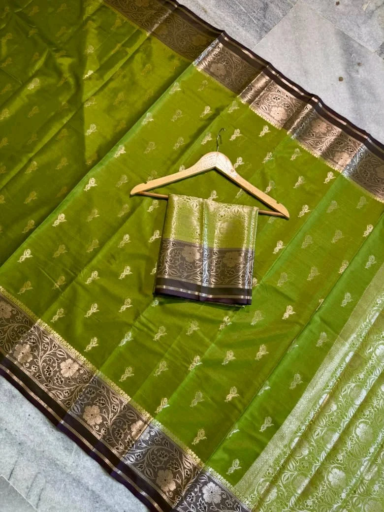 Olive Green Banarasi Katan  Silk Saree with Zari Floral Border 5