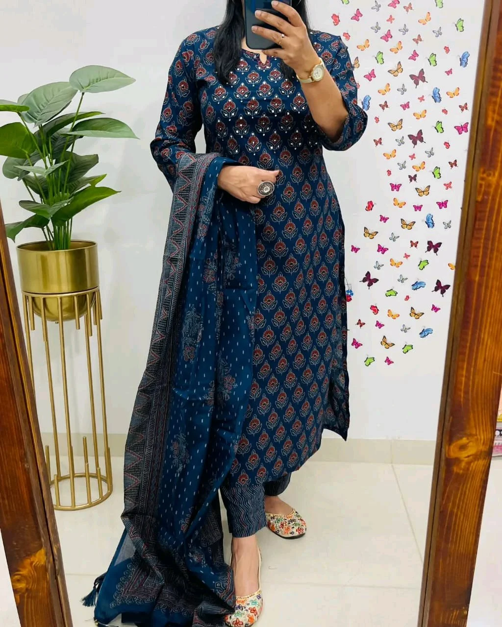 Navy Blue Ethnic Print Kurta Pant Dupatta Set