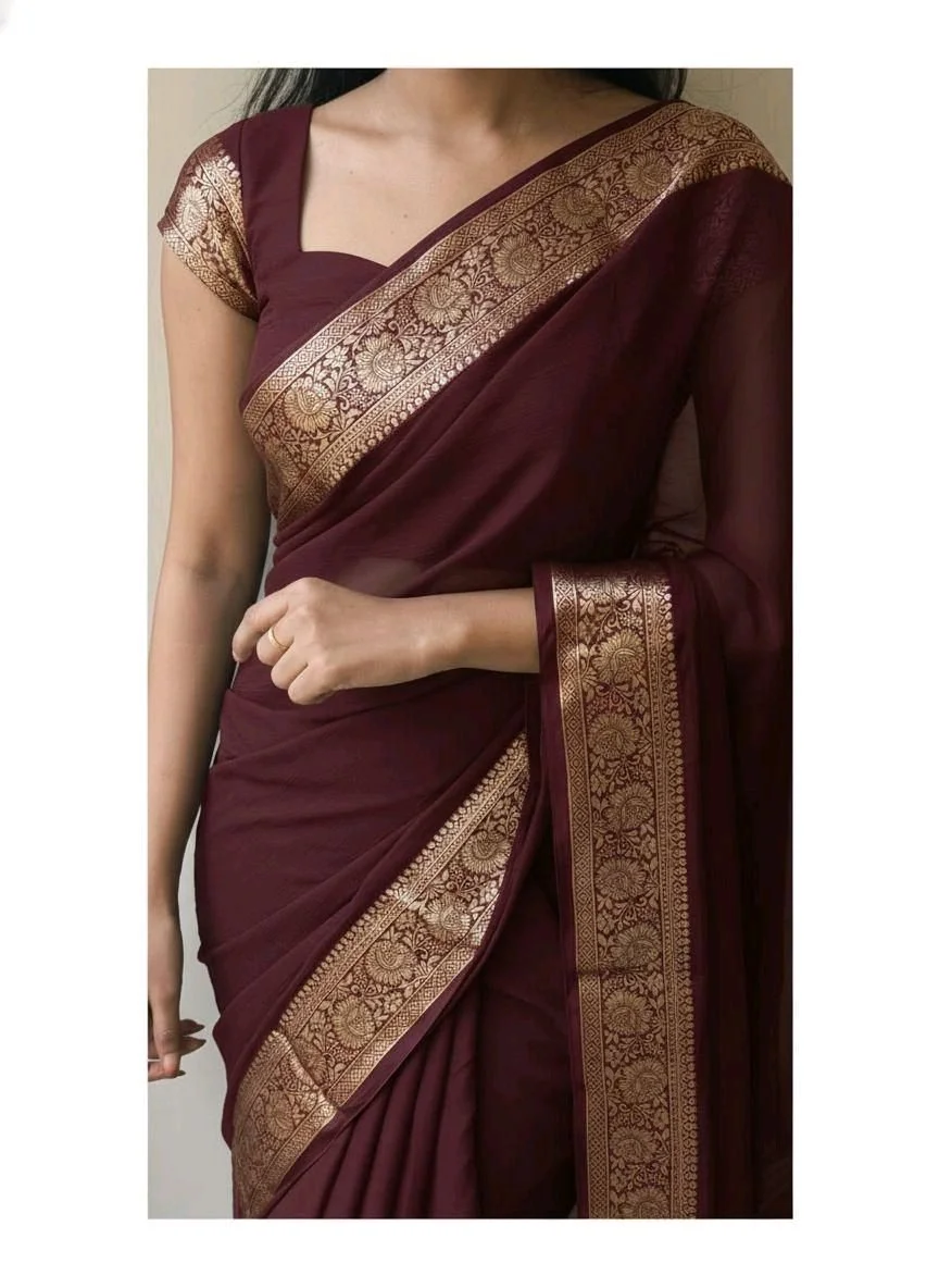 Viscose Crepe Georgette Saree with Golden Zari Border thumbnail 8