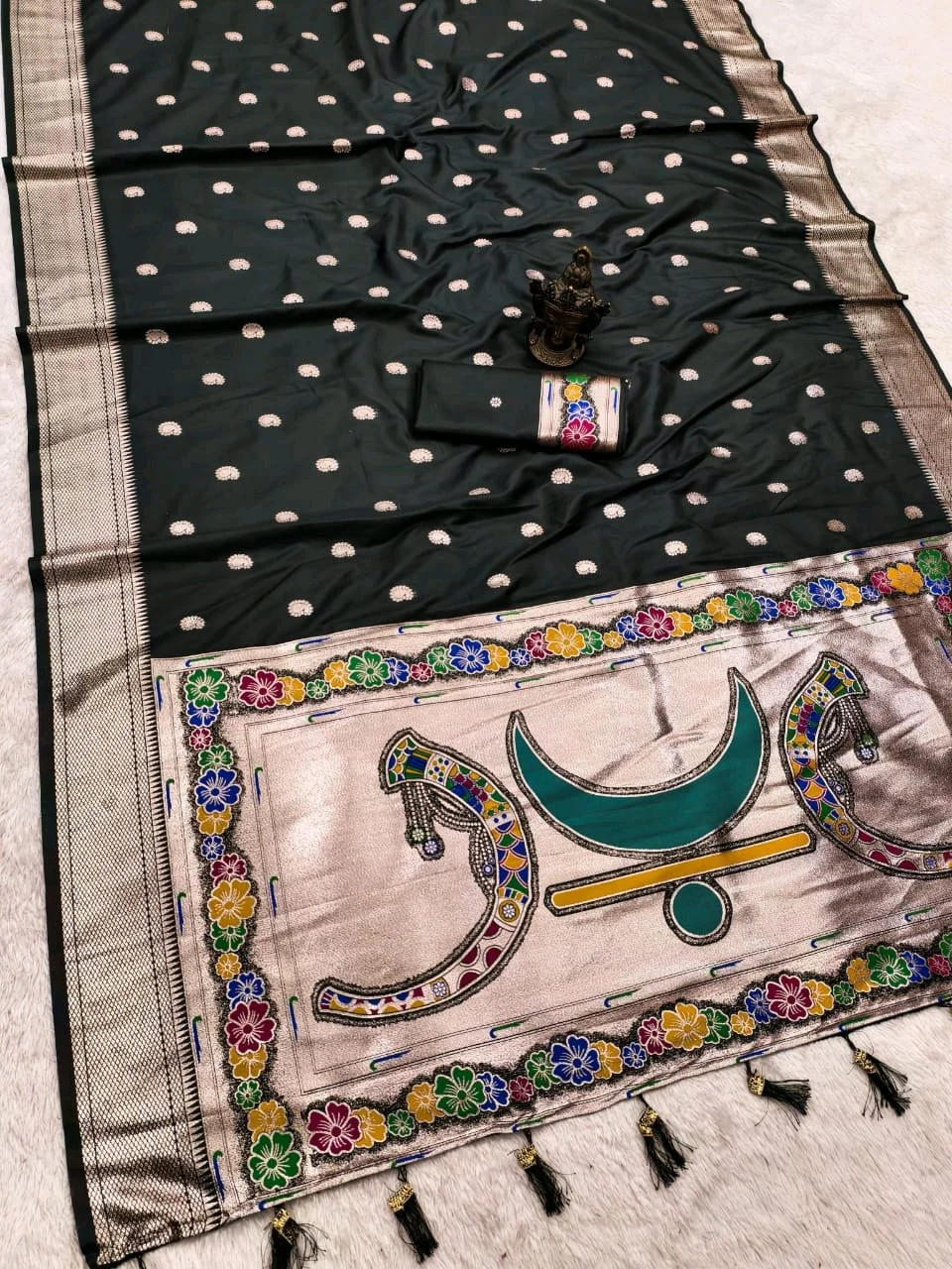 Banarasi Silk Blend Saree with Silver Zari and Paithani Inspired Pallu 8