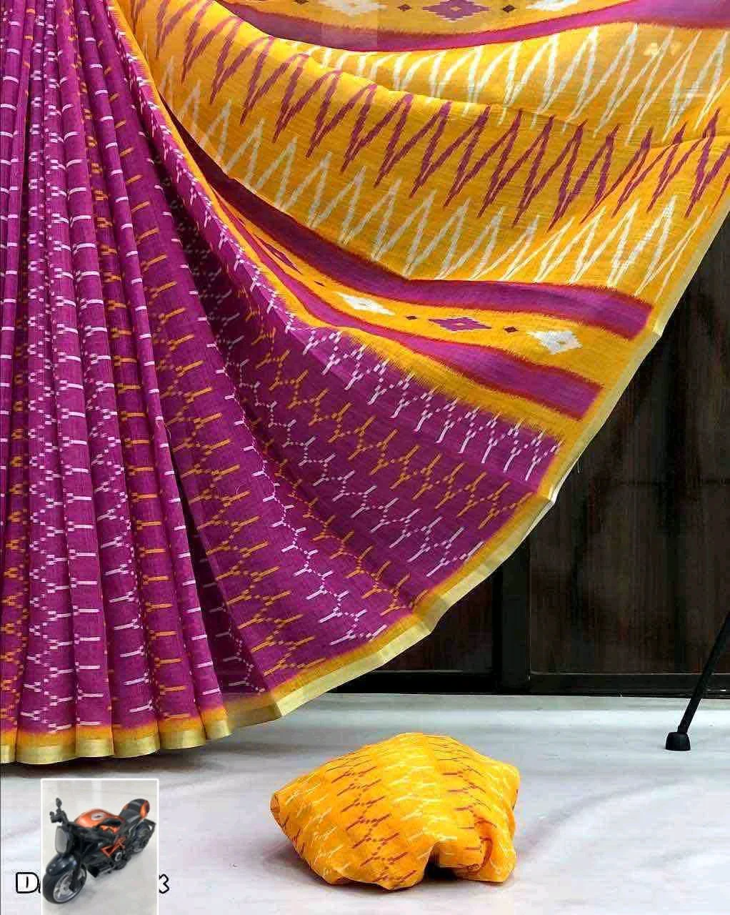 Linen Ikat Print Cotton Saree thumbnail 3