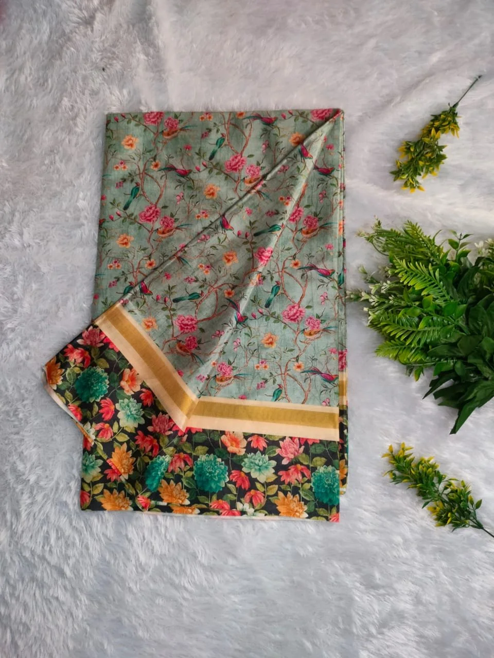 Mint Green Floral Bird Print Saree with Contrast Floral Border