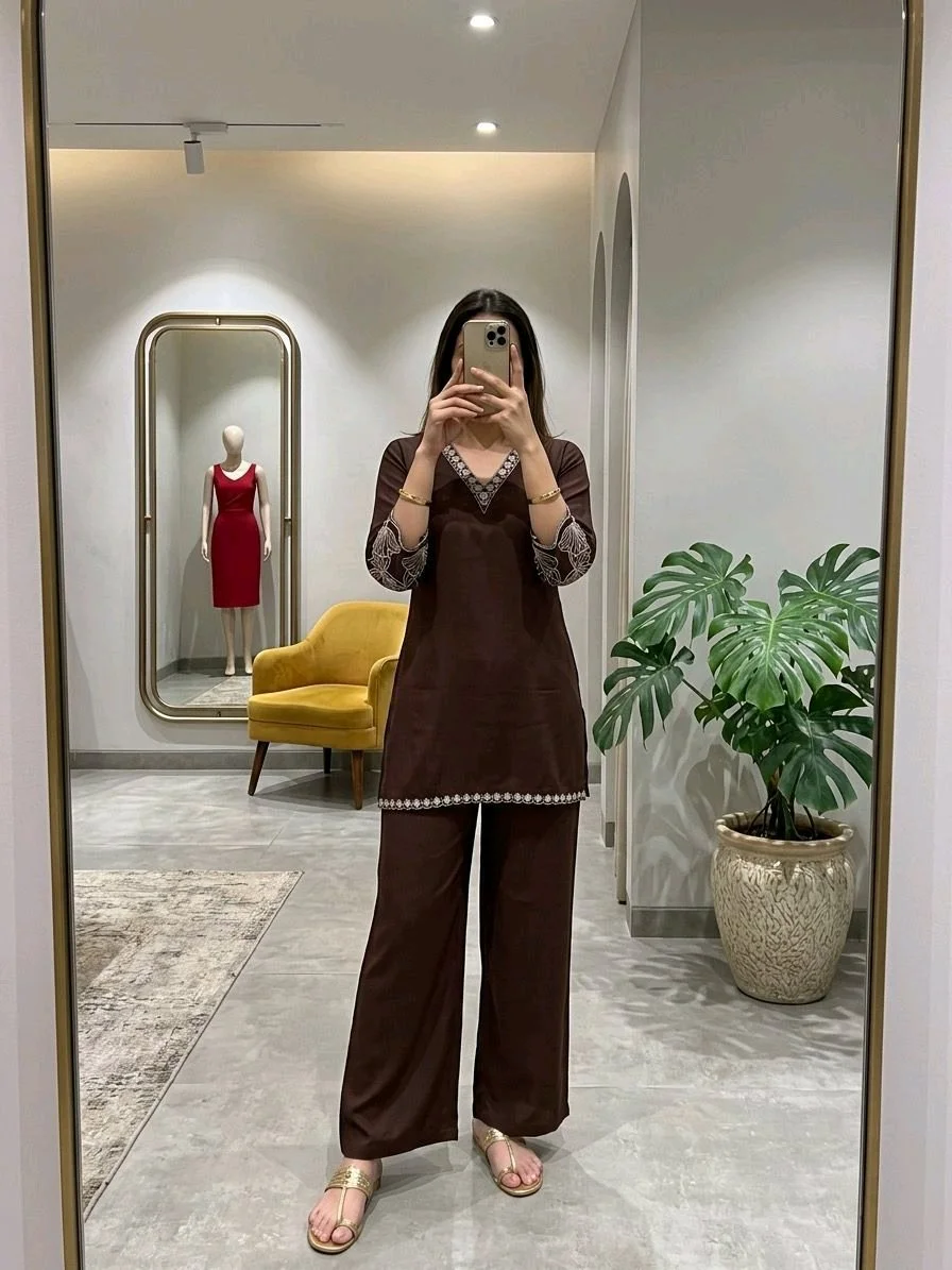 Embroidered V Neck Solid Co-ord Sets 5