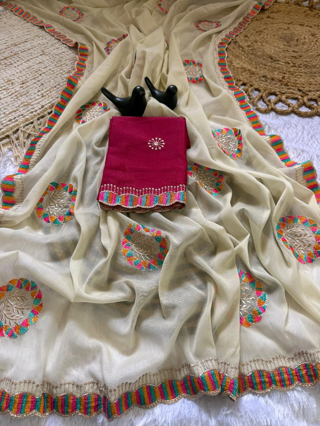 Cream Lightweight Saree with Multicolor Scalloped Embroidery 6