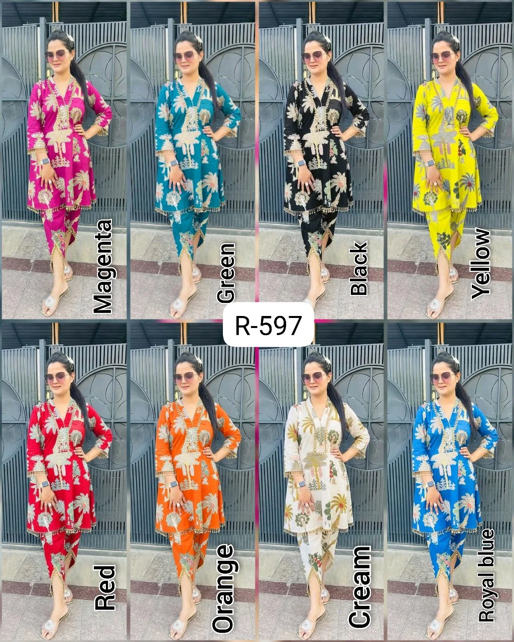 Code-R-597 FBRTulip Pants Set Highlights:• Premium pure cotton fabric• Eye-catching screen print design• Elegant gher-style kurti• Trendy tulip pants with lace finish• Designer latkan detailing on sleeves neckline hem and tulip pants• Perfect for festive, casual & day outingsColours-Orange,Yellow,Cream,Black,Blue,Red,Green,magentaQuality assured 100%Sizes-(34-44)(XS-XXL)plus sizes starts from 46-60 with extra chargePrice-1350 free shipPlus size chart and prices attached46/48-100 extra50/52-150 extra54/56-200 extra58/60-250 extraKeep shopping Keep selling