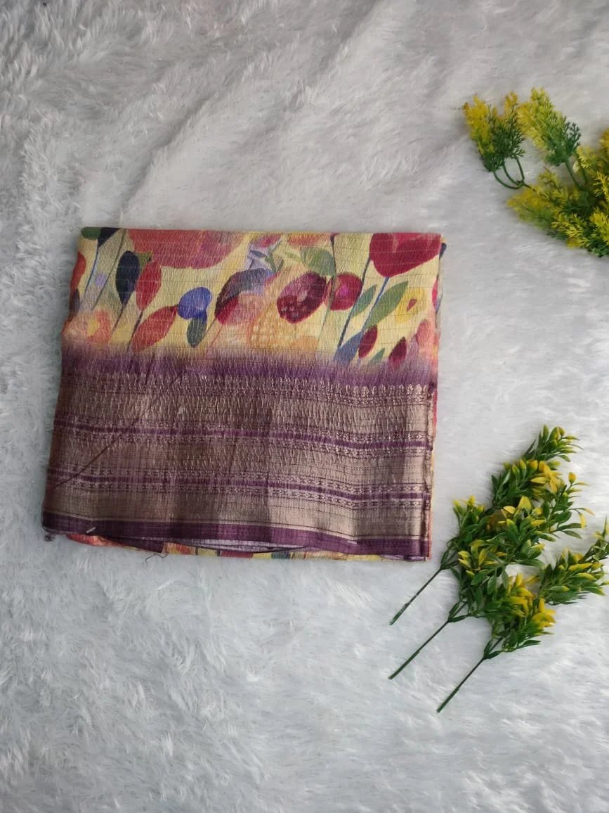 Orange, Green, Onion Floral Print Saree with Textured Zari Border thumbnail 3