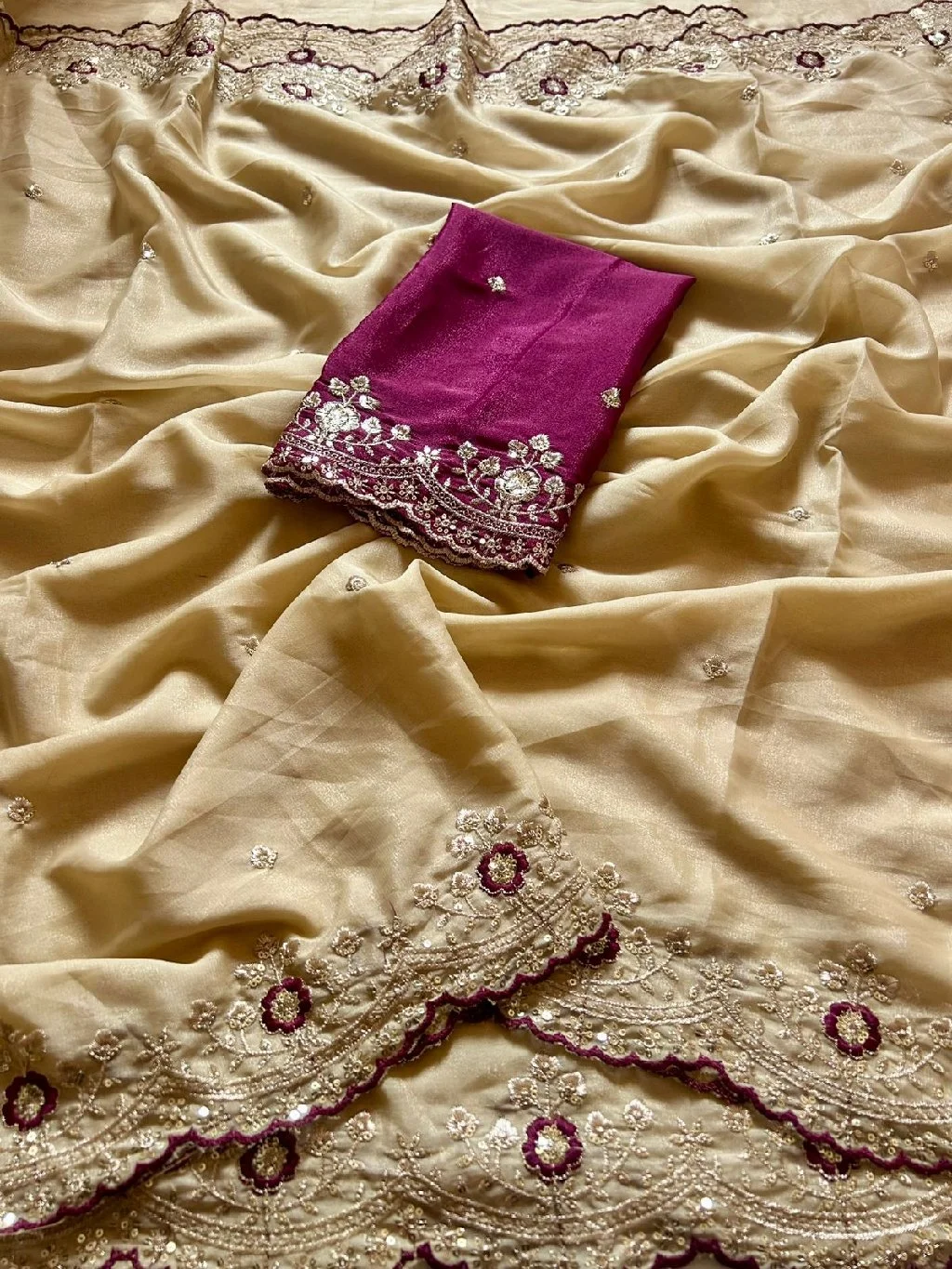Cream Embroidered Saree with Maroon Blouse 2