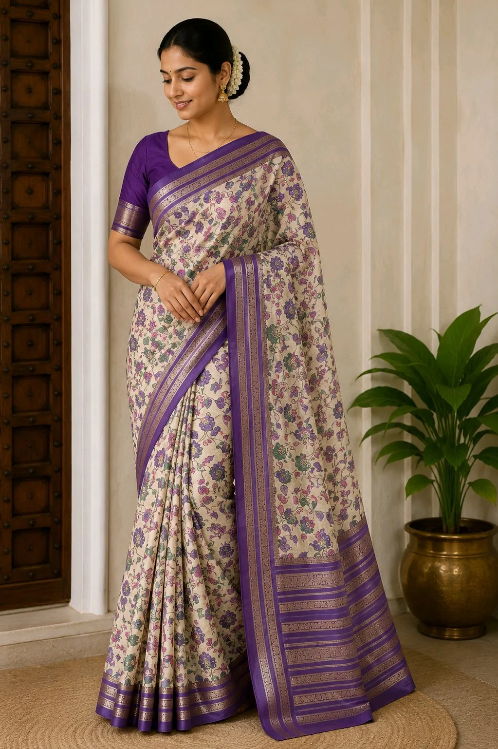 Cream Floral Print Silk Blend Saree with Purple Zari Border thumbnail 1