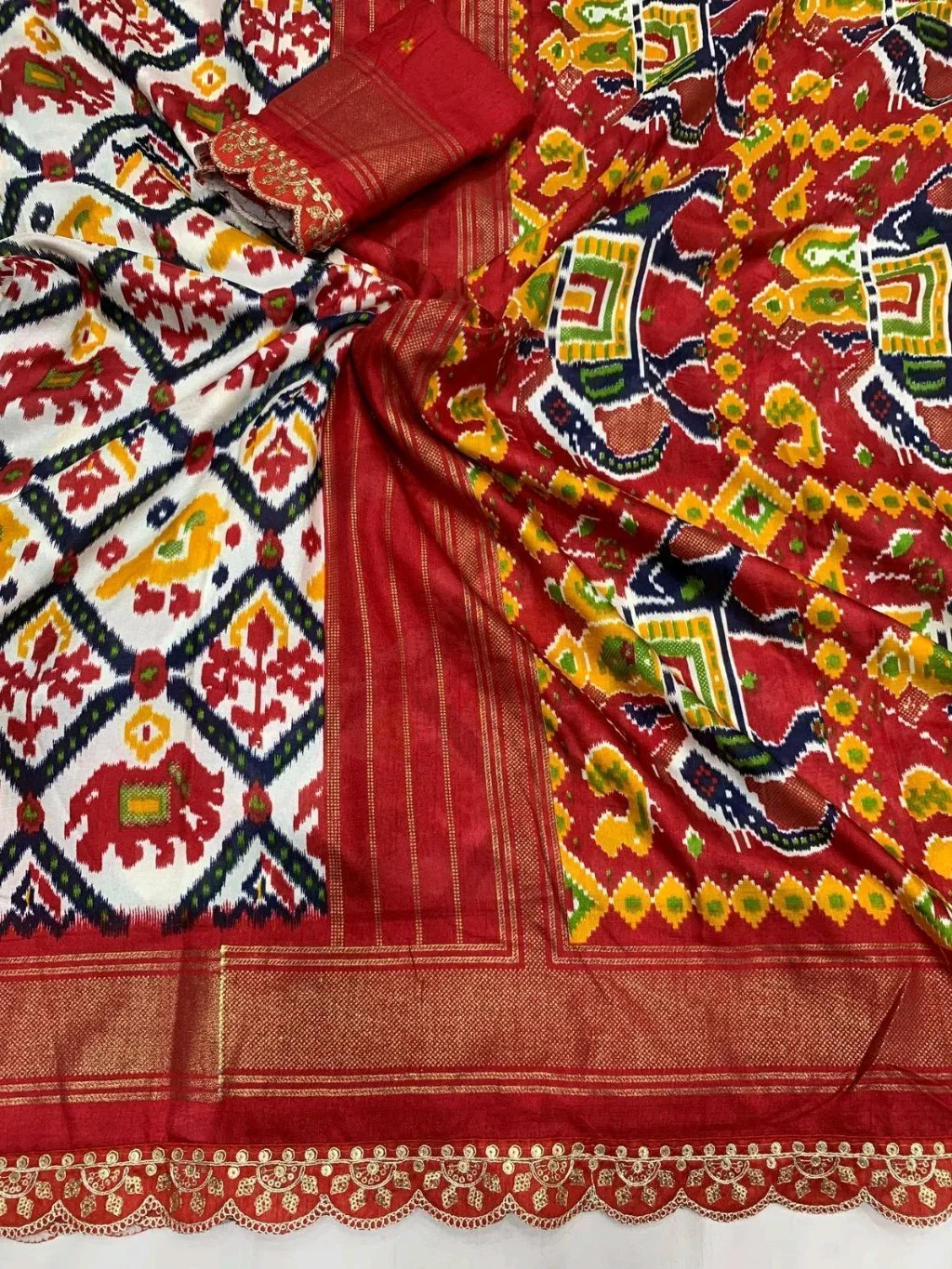 Red Ikat Saree with Blue Striped Pallu 6