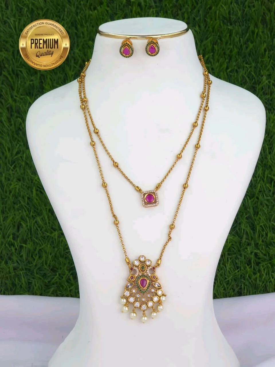 Premium Quality Gold Plated Double Layered Necklace Set with Ruby Stones and Pearl Drops