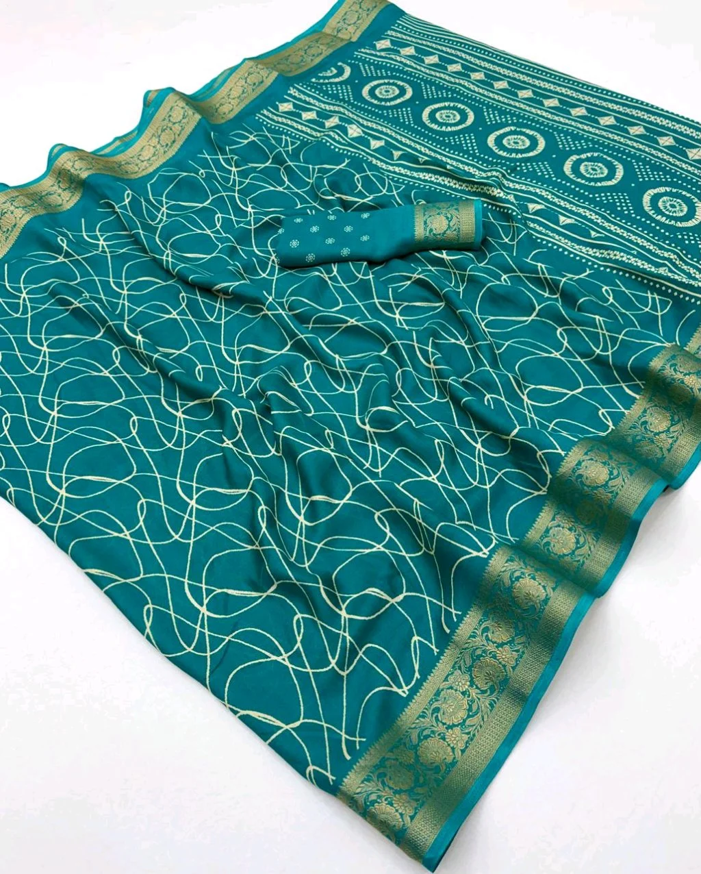 Marshmellow Print Saree with Abstract Print and Gold Zari Border thumbnail 8