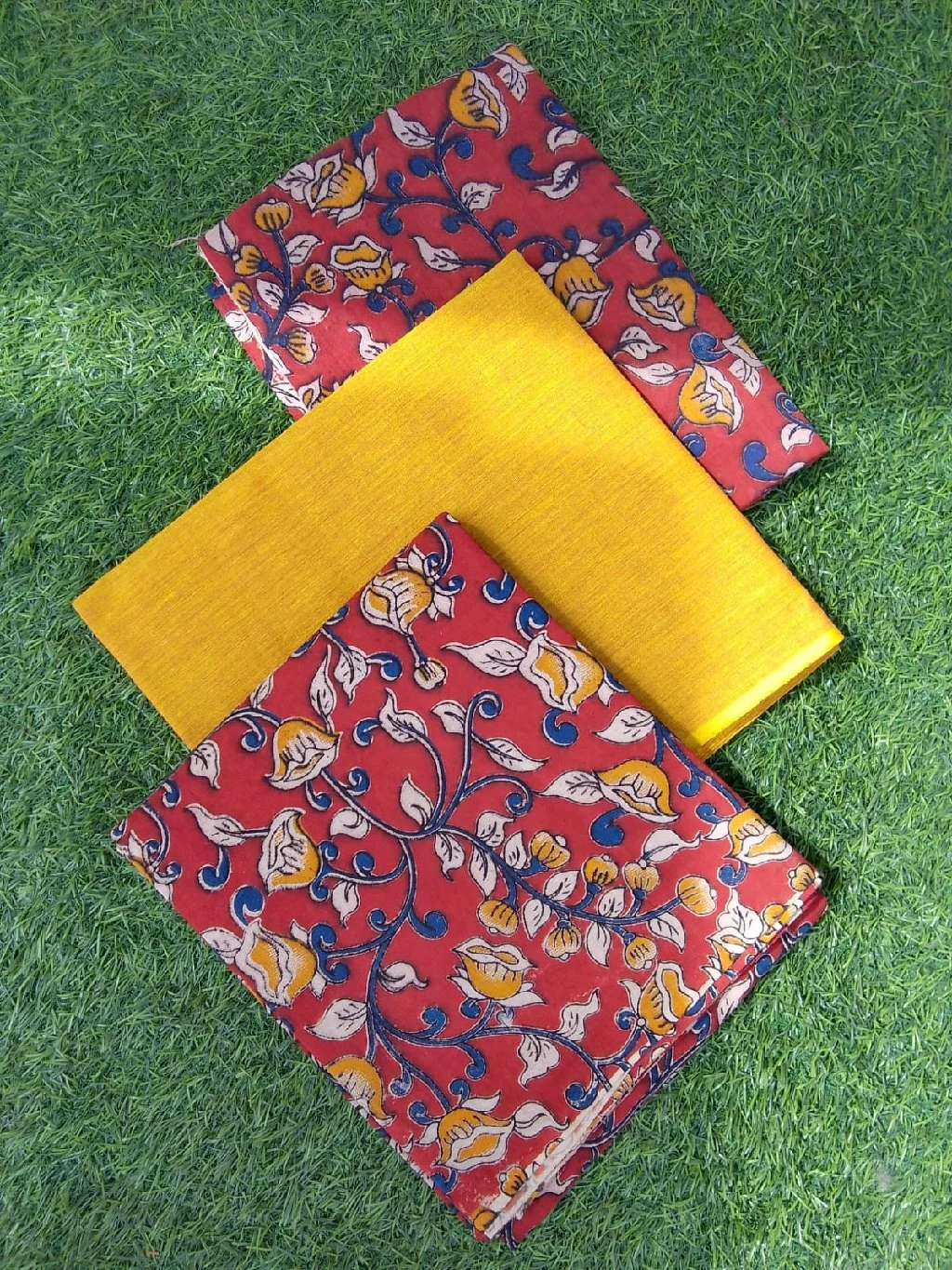 Red Kalamkari Floral Print Cotton Dress Material Set 1