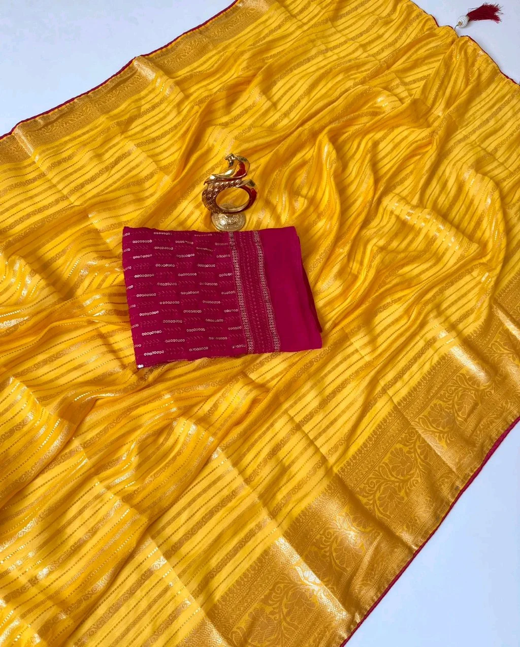 Yellow Zari Woven Saree with Maroon Sequin Blouse Piece thumbnail 7