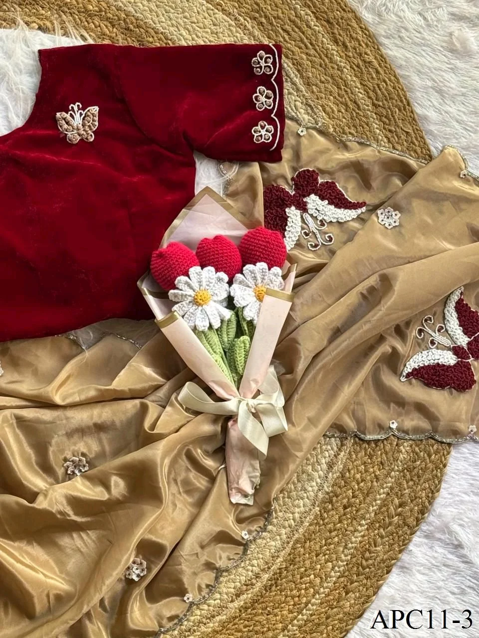 Maroon Velvet Saree with Beige Bottom and Floral Embroidery 2