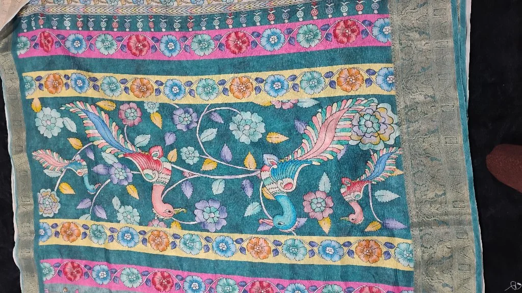 Aqua Blue Floral Silk Blend Saree with Peacock Elephant Zari Border 4