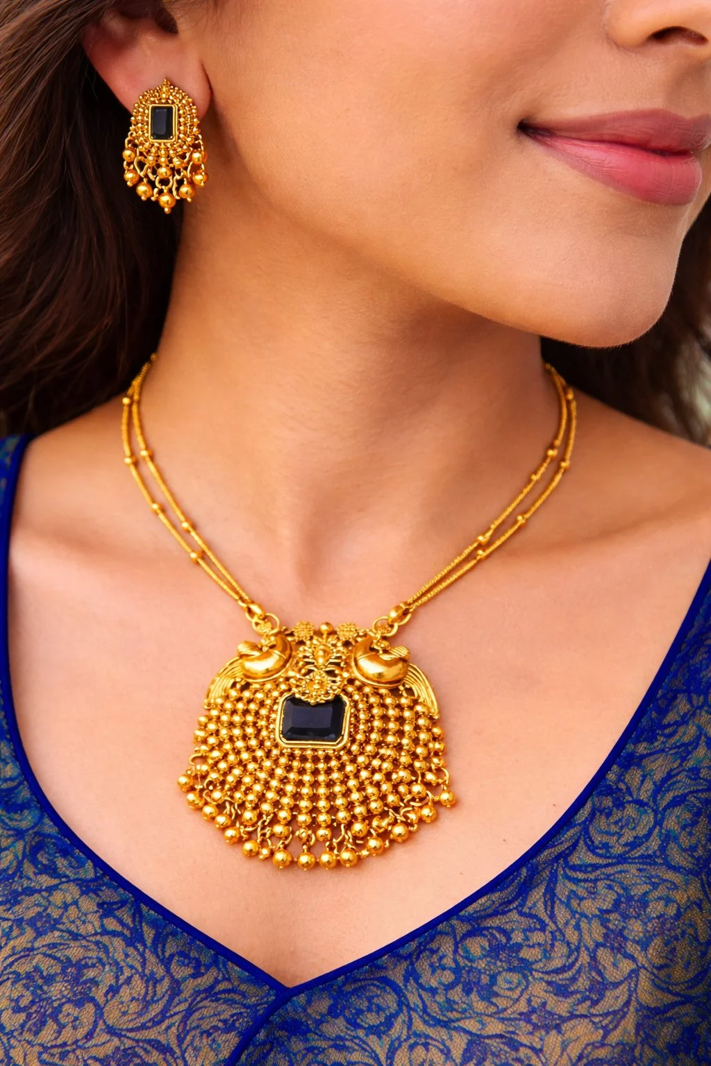 Best Quality Gold Toned Temple Design Necklace Earrings Set with Blue Stone thumbnail 2