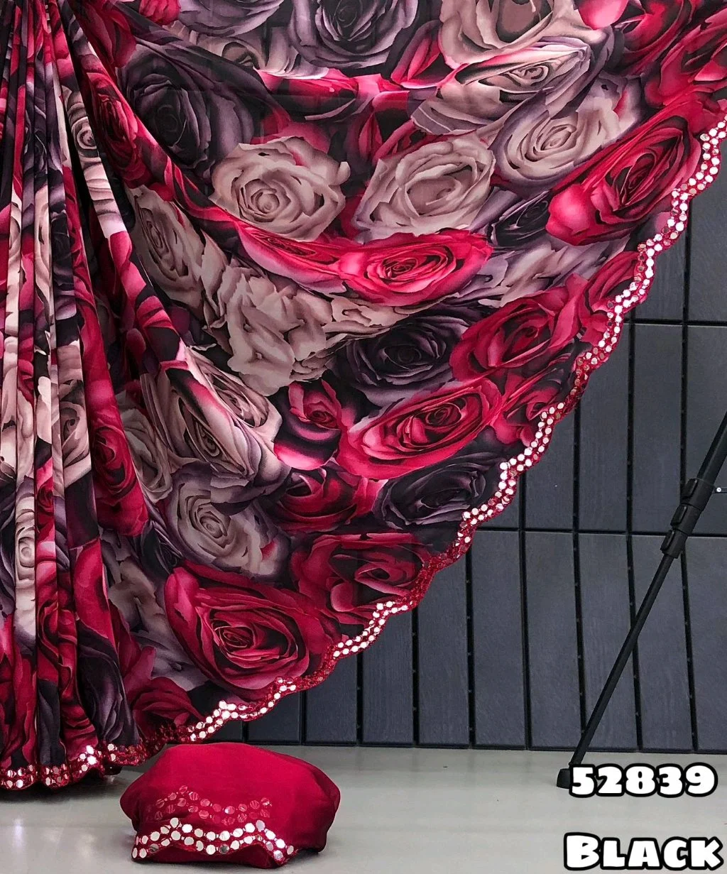 Black and Red Floral Print Saree with Mirror Work Border thumbnail 4