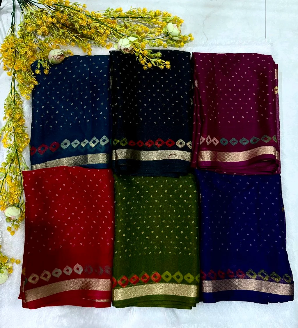 Bandhani Style Chiffon Saree with Geometric Zari Border 1