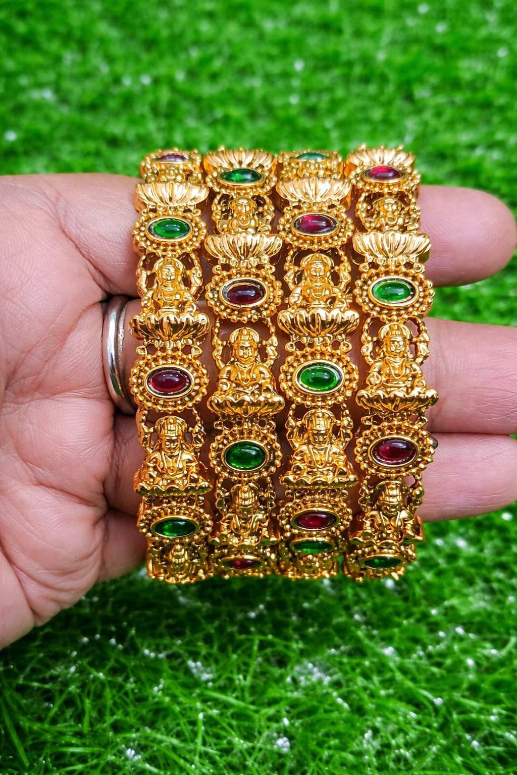 Gold Toned Temple Design Bangles with Green and Maroon Stones Size 2.4 Size 2.6 Size 2.8 thumbnail 2