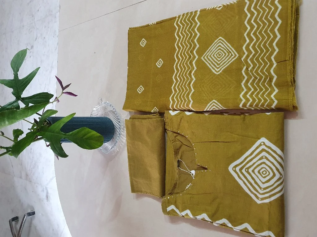 Mustard Yellow Block Print Cotton 3 Piece Readymade Suit