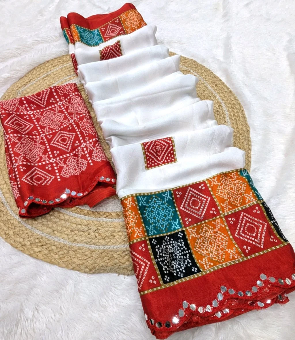 Turkey Silk Saree With Bandhani Print Material with Mirror Work thumbnail 7