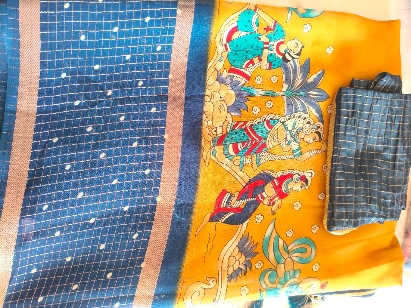 Mustard Yellow and Blue Kalamkari Print Saree 2