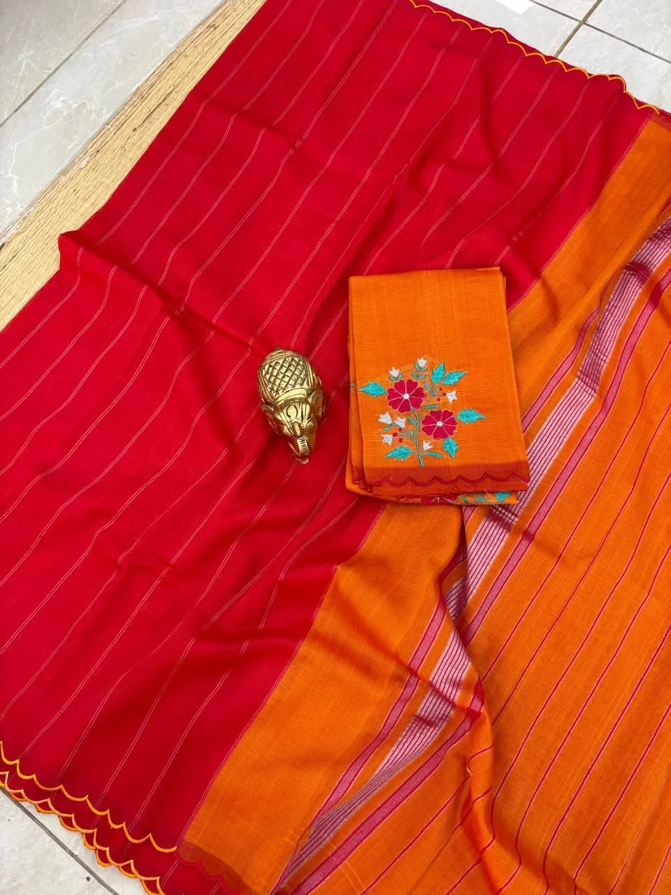 Red and Orange Striped Saree with Embroidered Blouse Piece
