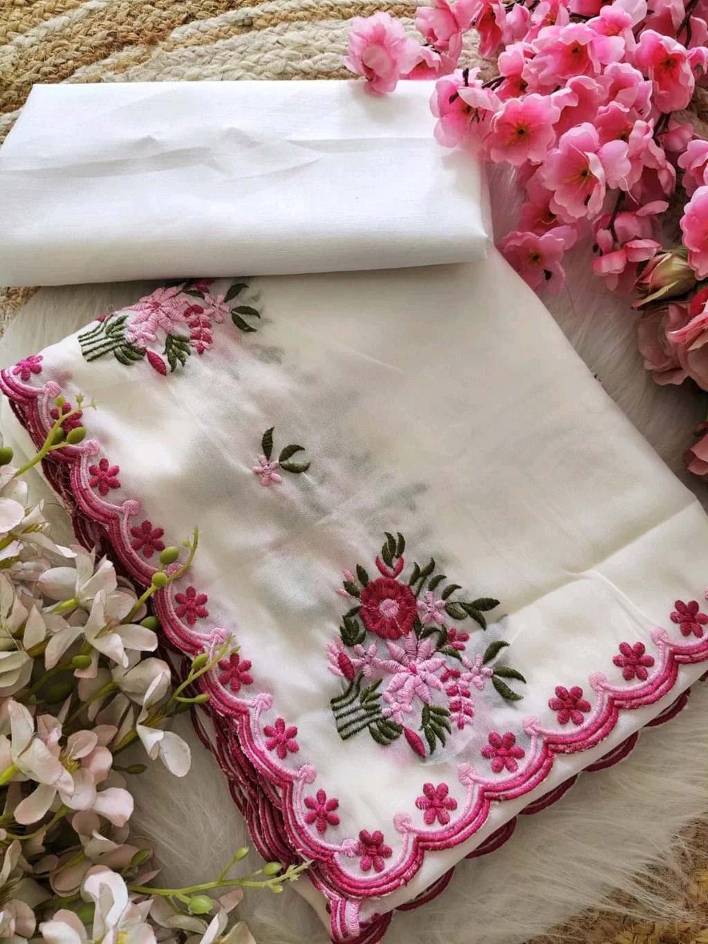 White Embroidered Saree with Scalloped Border and Blouse Piece thumbnail 2