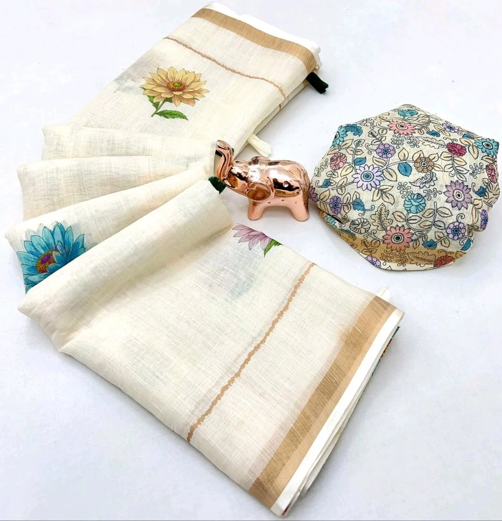 Floral Print Linen Blend Saree with Blouse Piece 3