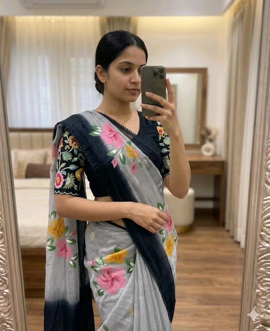 Grey Tie Dye Floral Printed Saree with Embroidered Blouse 2