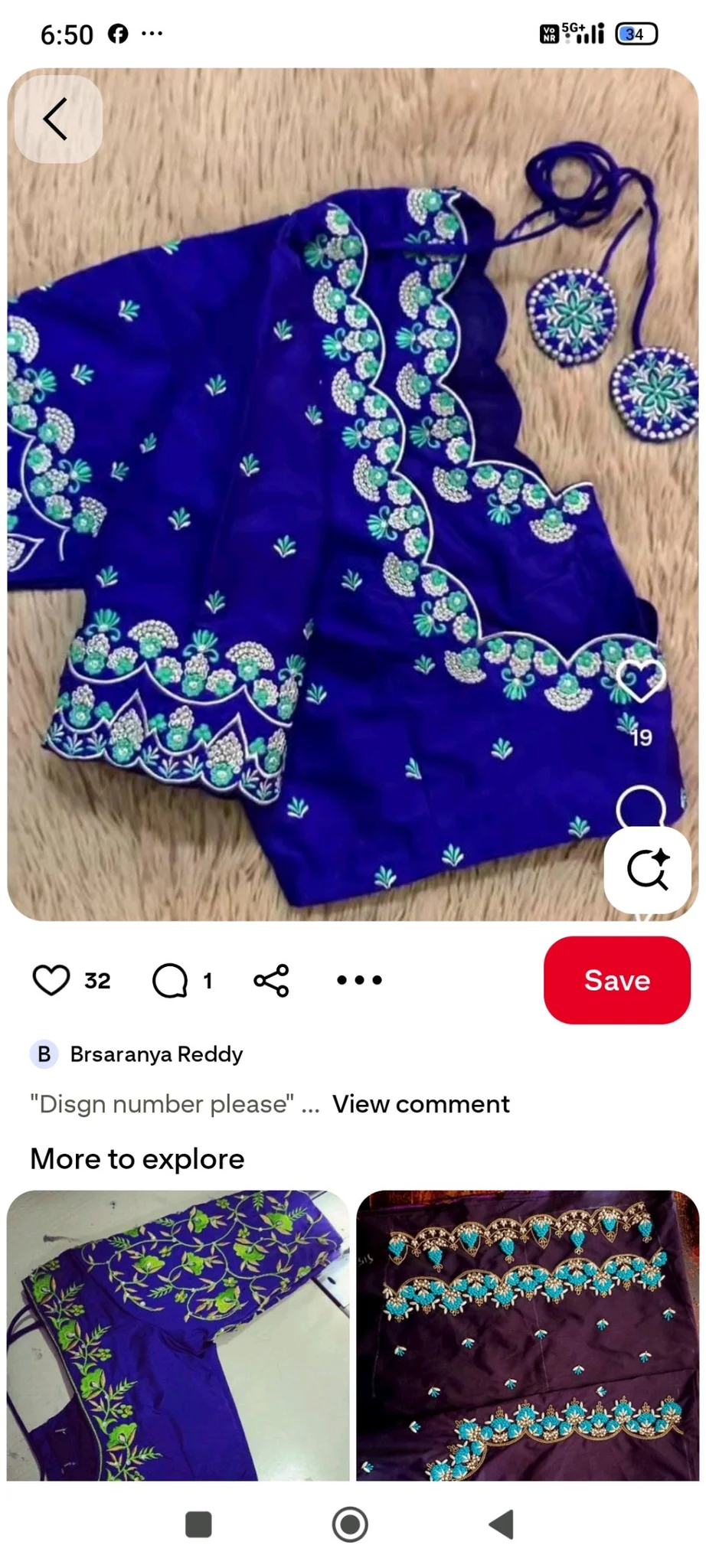 Royal Blue Embroidered Blouse with Scalloped Design