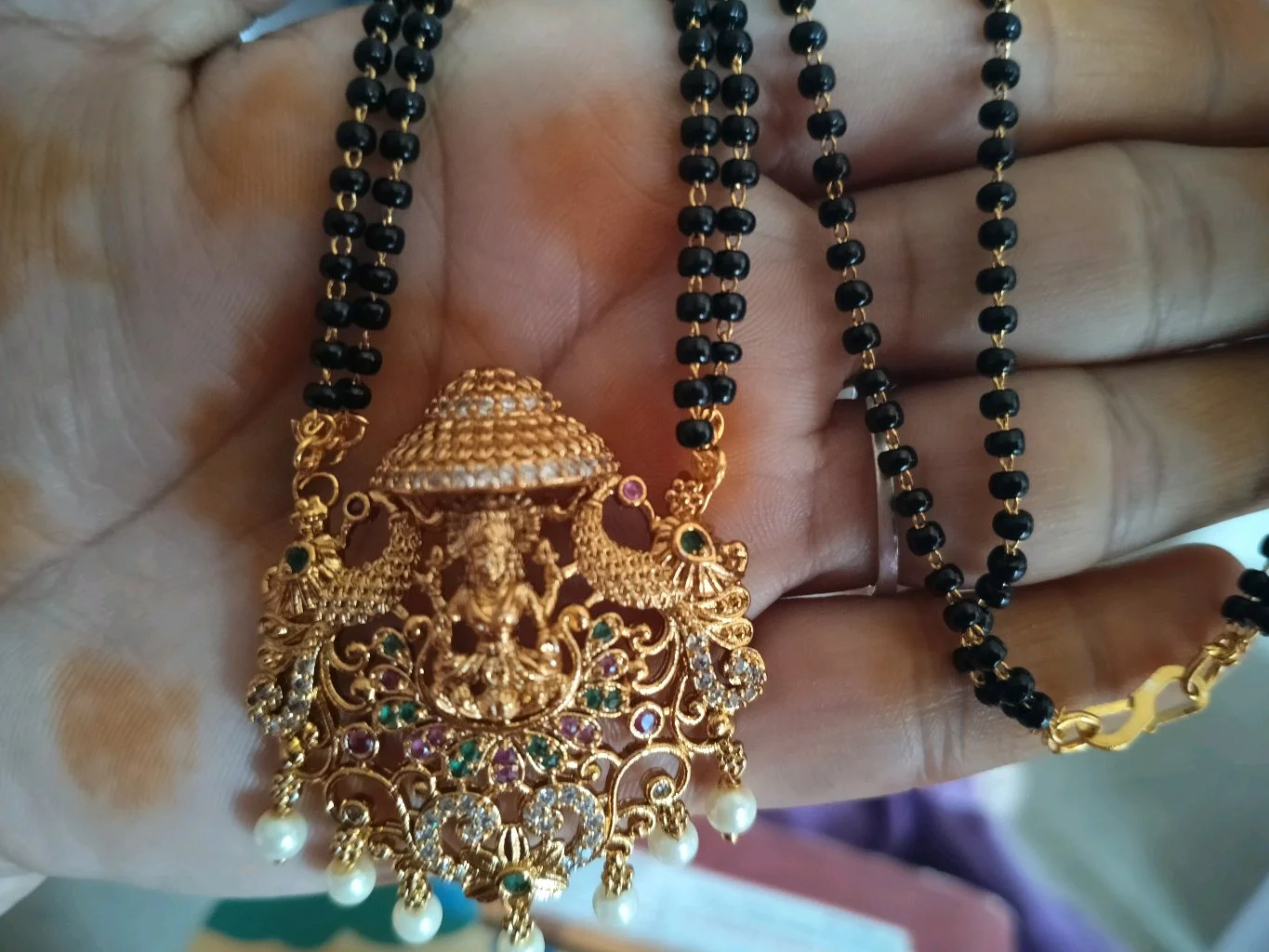 Gold Plated Double Strand Long Black Bead Mangalsutra with Temple Pendant