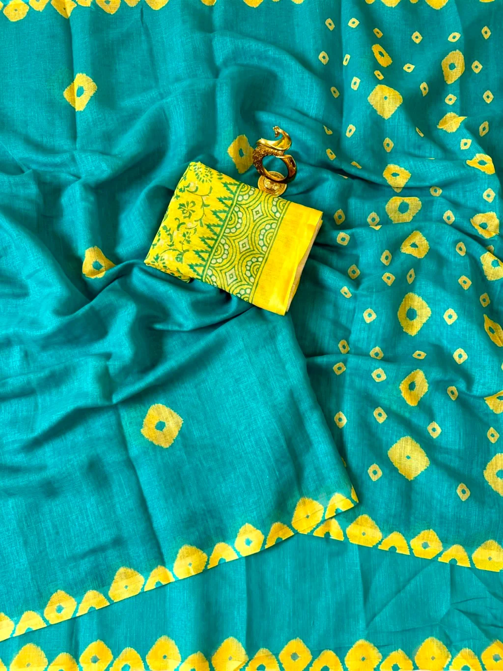Teal Blue Cotton Saree with Yellow Bandhani Print thumbnail 5