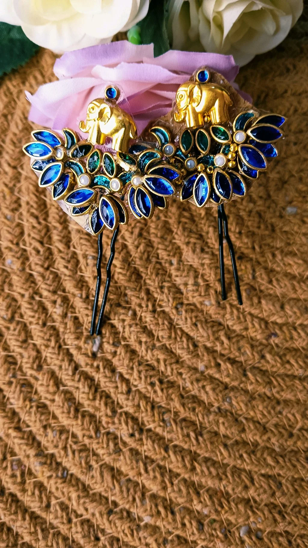 Gold Plated Elephant Hair Pins with Blue Stone Flowers thumbnail 1