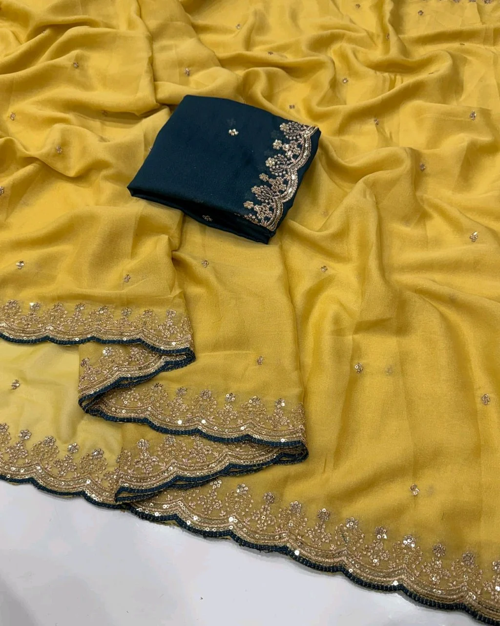 Georgette Saree with Gold Sequin Embroidery and Red Scalloped Border 8