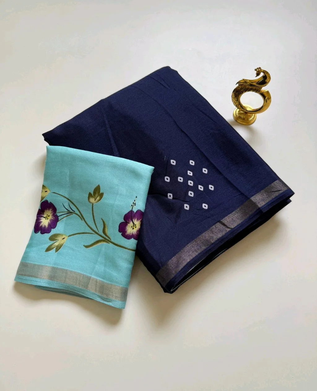 Navy Blue Dotted Saree with Aqua Floral Blouse Piece 1
