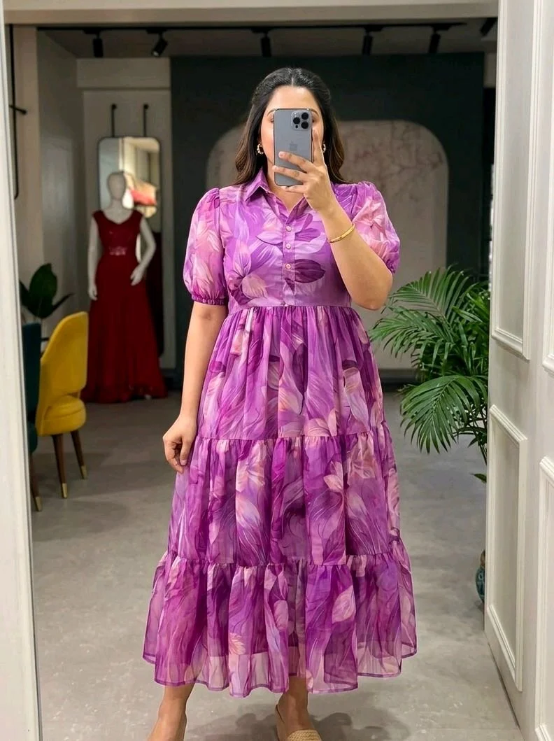 Leaf Print Tiered Midi Dress 3