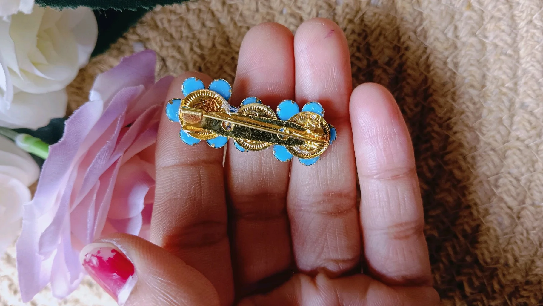 Blue Enamel Floral Saree Brooch Pin thumbnail 2