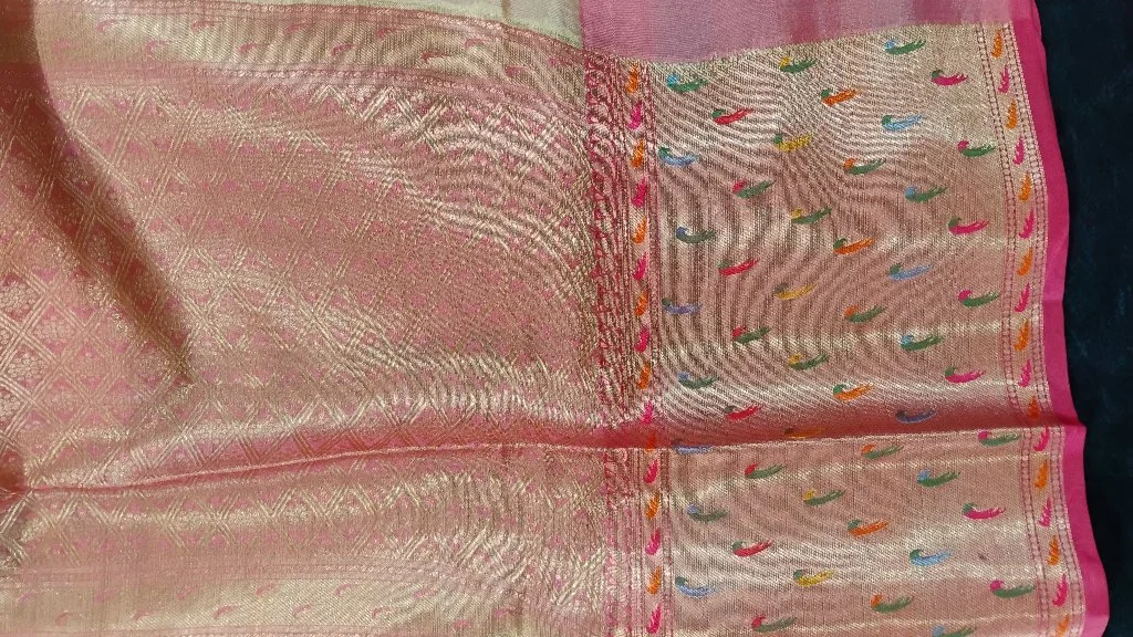 Light Yellow Floral Print Saree with Peach Zari Border 2