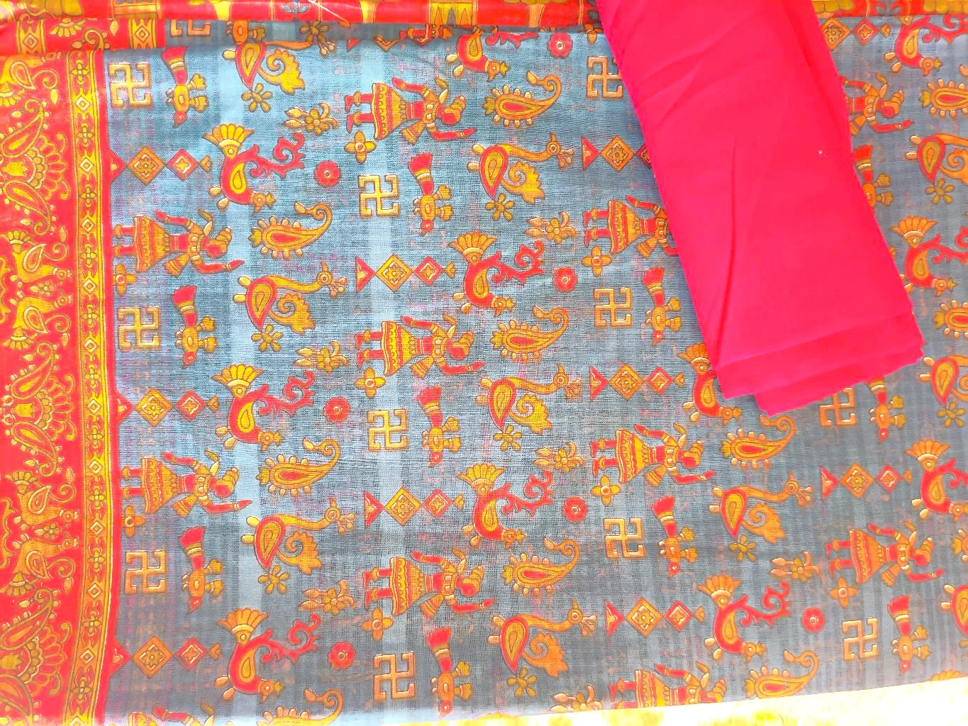 Blue and Red Kalamkari Style Print Cotton Saree thumbnail 1