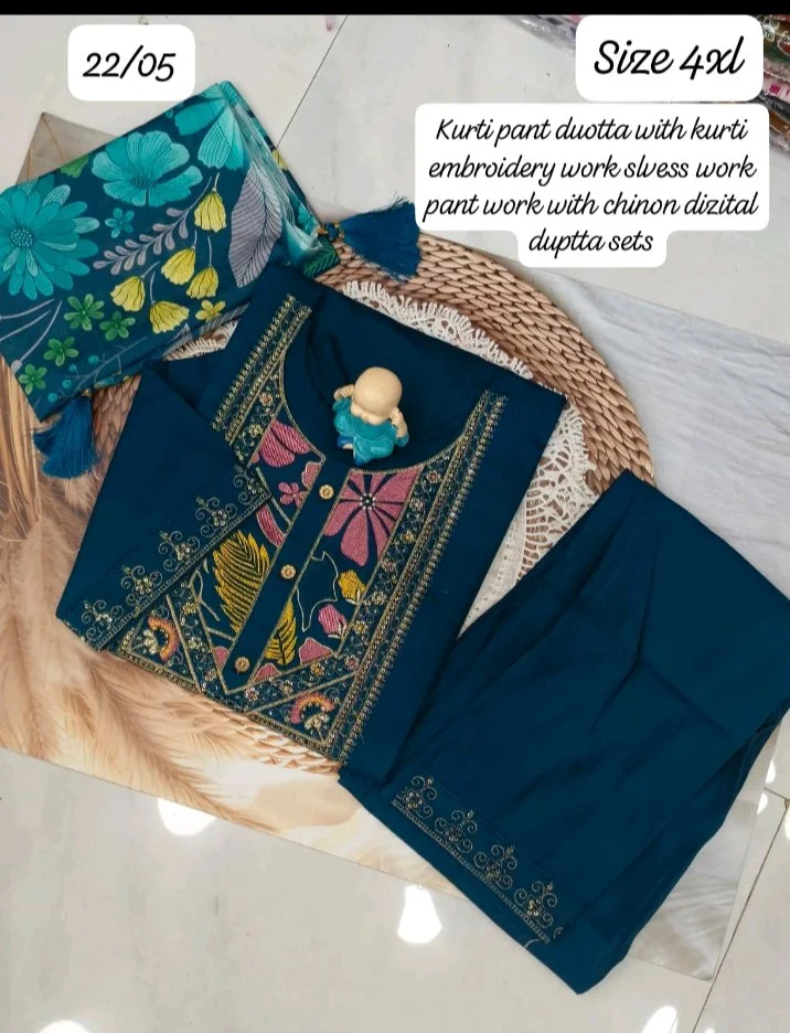 . New update Fabric type heavy Roman silk . Kurati side cut with nack hand work with inner cotton . With sleeves with work . With pant with work . With dupatta dijital print . 3 XL 4 XL 5 XL 6 XL .