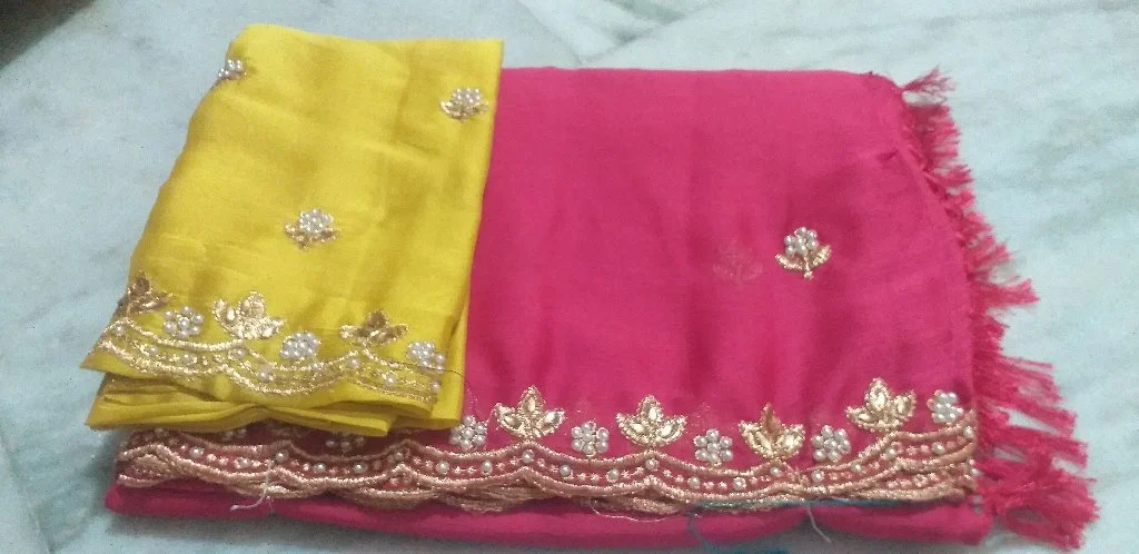 Pink Saree with Yellow Blouse and Pearl Zari Work