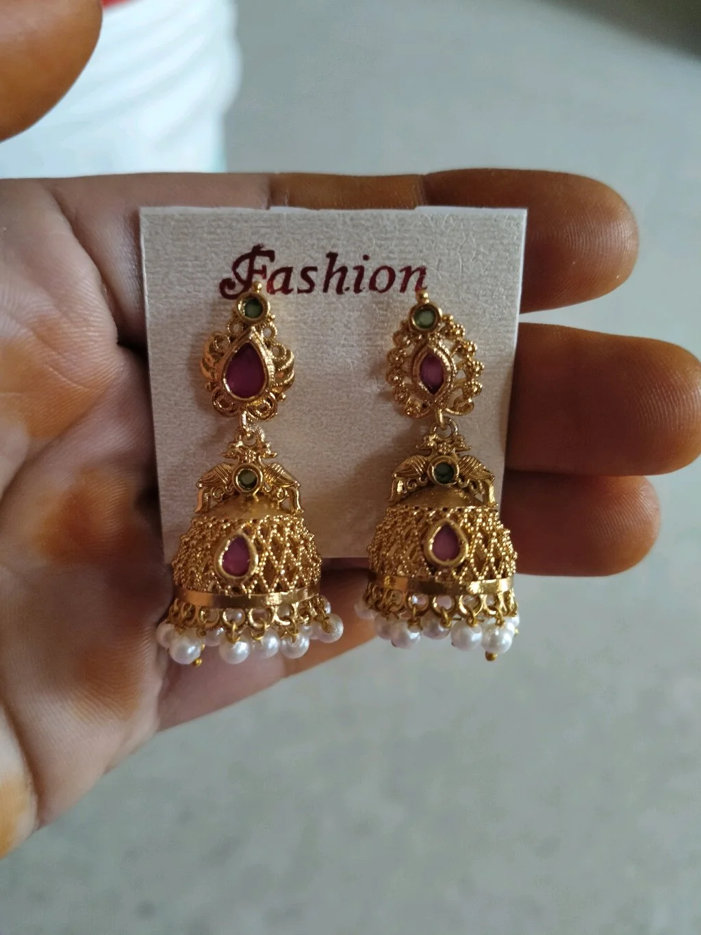 Gold Plated Traditional Jhumka Earrings with Ruby Emerald and Pearls