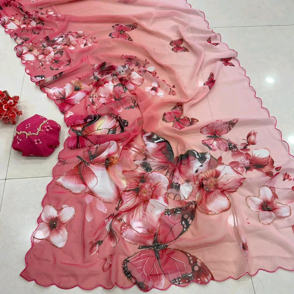 Chiffon  Floral Butterfly Print Saree with Scalloped Border 1