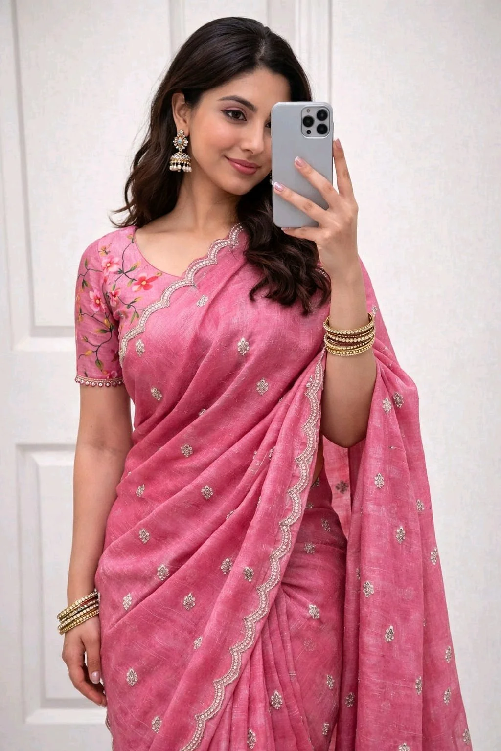 Georgette Crush Silk Saree with Gold Zari Embroidery and Floral Pallu thumbnail 9