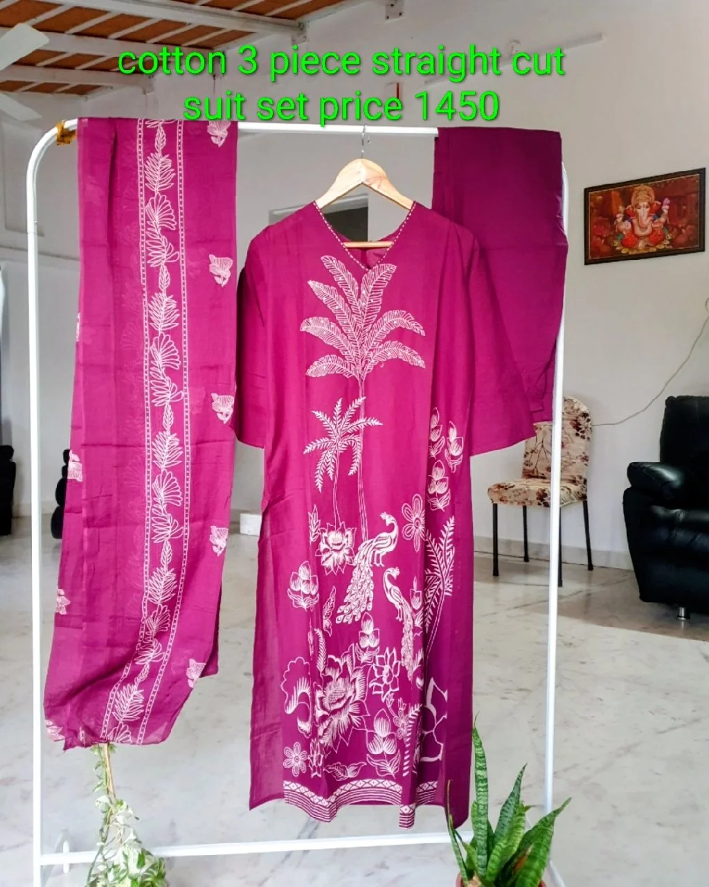 Magenta Cotton 3 Piece Straight Cut Suit Set