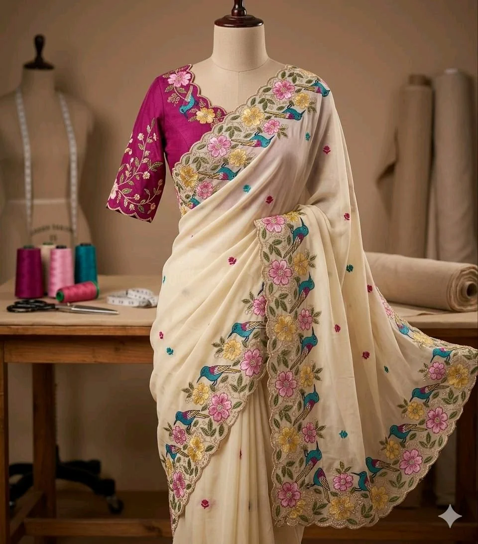 Cream Embroidered Saree with Bird and Floral Scalloped Border 3