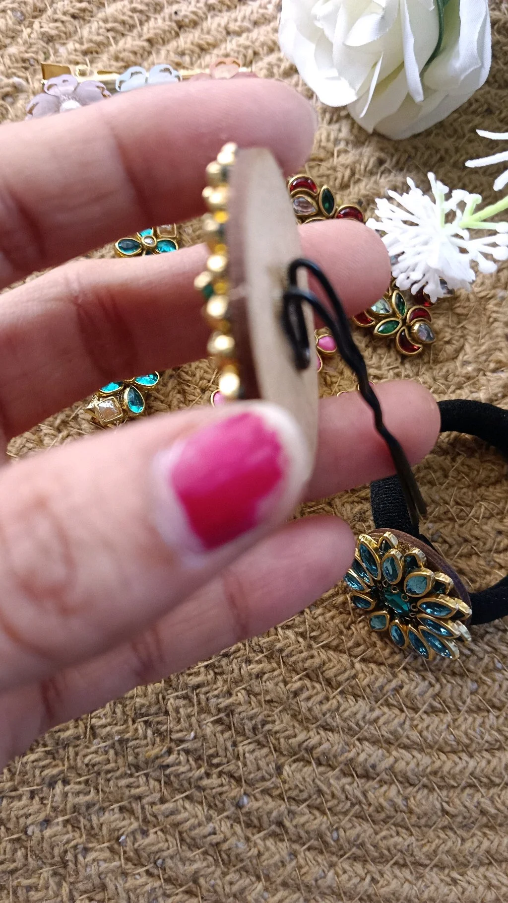 Gold Tone Floral Hair Bun Pin with Multi-Color Stones thumbnail 3