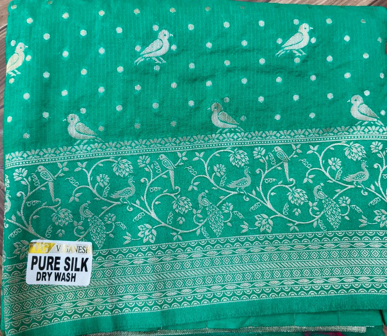 Green Pure Silk Saree with Bird and Peacock Motifs thumbnail 1